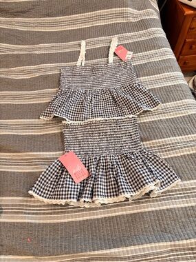 NWT Millie Bobby Brown Smocked Navy Gingham Ruffle Women’s skirt set